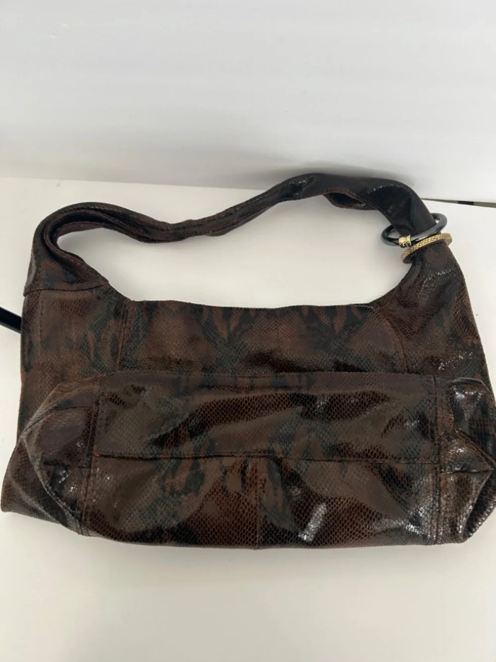 Kate Landry Leather Snake Print Large Hobo Handbag Black and Brown Boho Chic